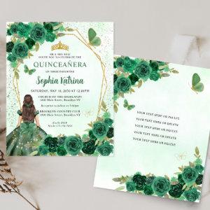 Budget Dark Green Gold Floral Princess Quinceañera