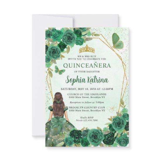 Budget Dark Green Gold Floral Princess Quinceañera Note Card