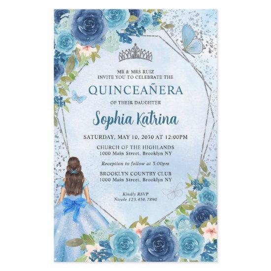 Budget Dusty Blue Floral Gray Princess Quinceañera