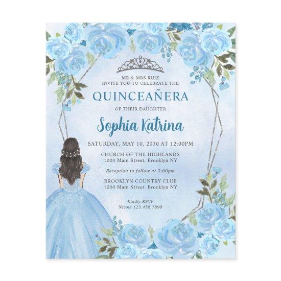 Budget Dusty Blue Gray Floral Princess Quinceañera