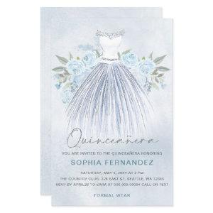 Budget Dusty Blue Silver Dress Quinceañera invite