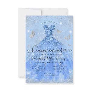 Budget Dusty Blue Silver Glitter Gown Quinceanera Note Card