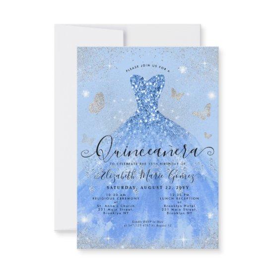 Budget Dusty Blue Silver Glitter Gown Quinceanera Note Card
