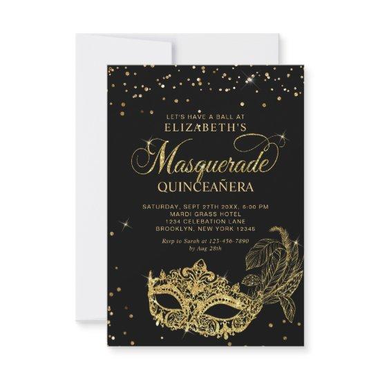 BUDGET Elegant Black Gold Masquerade Quinceañera Note Card