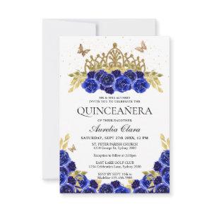 Budget Elegant Blue Floral Gold Tiara Quinceanera Note Card