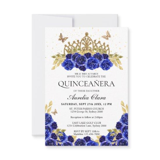 Budget Elegant Blue Floral Gold Tiara Quinceanera Note Card
