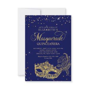 BUDGET Elegant Blue Gold Masquerade Quinceañera Note Card
