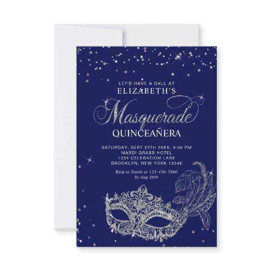 BUDGET Elegant Blue Silver Masquerade Quinceañera Note Card