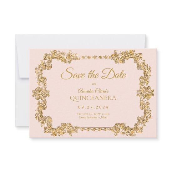 BUDGET Elegant Blush Pink Gold Frame Quinceanera Note Card