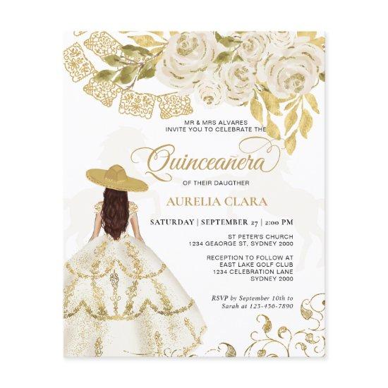 Budget Elegant Floral Ivory Gold Horse Quinceañera