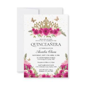 BUDGET Elegant Pink Floral Gold Tiara Quinceanera Note Card