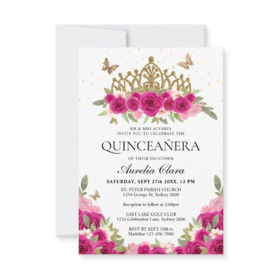 BUDGET Elegant Pink Floral Gold Tiara Quinceanera Note Card