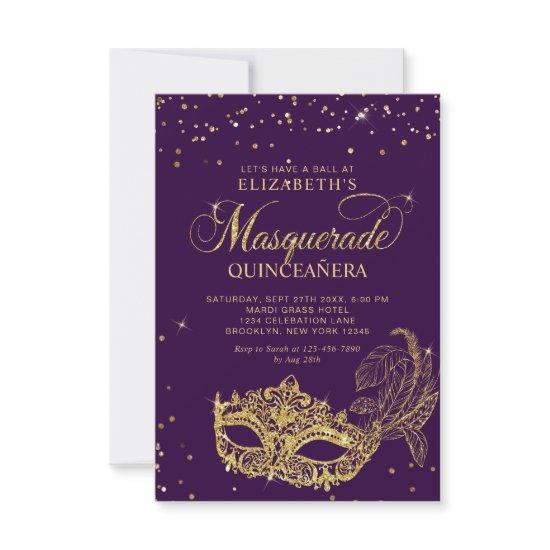 BUDGET Elegant Purple Gold Masquerade Quinceañera Note Card