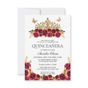 BUDGET Elegant Red Floral Gold Tiara Quinceanera Note Card