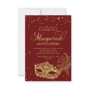 BUDGET Elegant Red Gold Masquerade Quinceañera Note Card