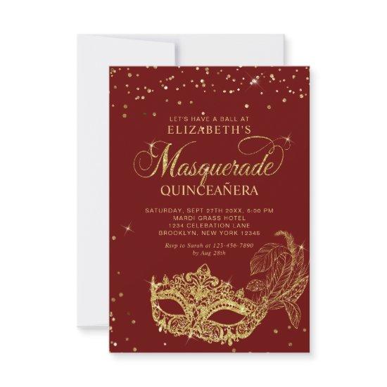 BUDGET Elegant Red Gold Masquerade Quinceañera Note Card