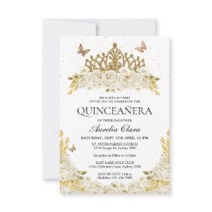 Budget Elegant White Floral Gold Tiara Quinceanera Note Card