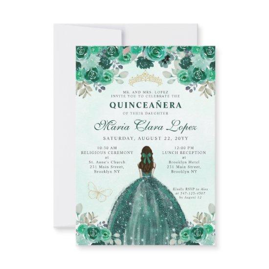 Budget Emerald Green Floral Princess Quinceañera Note Card