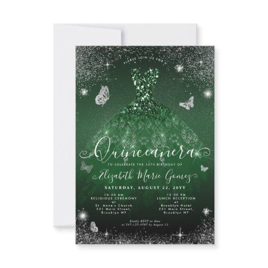 Budget Emerald Green Glam Glitter Gown Quinceanera Note Card
