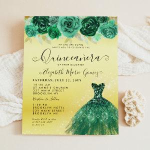Budget Emerald Green Gold Dress Floral Quinceanera