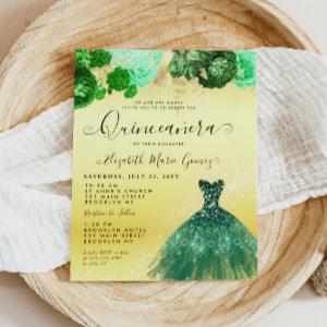 Budget Emerald Green Gold Dress Floral Quinceanera