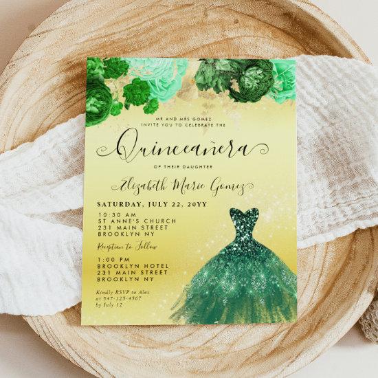 Budget Emerald Green Gold Dress Floral Quinceanera