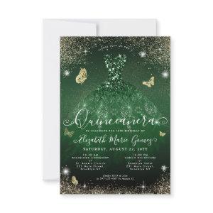 Budget Emerald Green Gold Glitter Gown Quinceanera Note Card