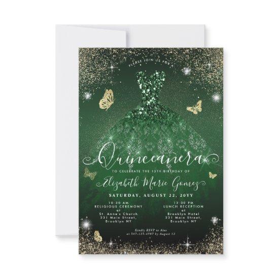 Budget Emerald Green Gold Glitter Gown Quinceanera Note Card