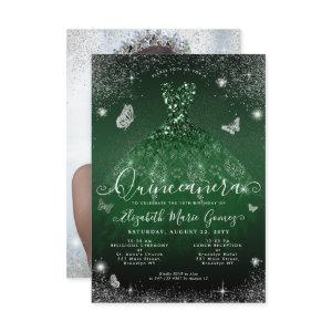 Budget Emerald Green Silver Glam Photo Quinceanera Note Card