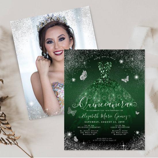 Budget Emerald Green Silver Gown Photo Quinceanera
