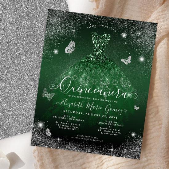 Budget Emerald Green Silver Gown Quinceanera Card