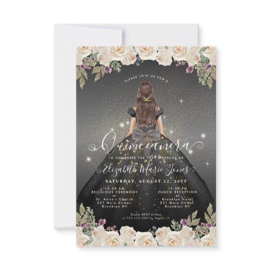 Budget Floral Black Gold Princess Quinceanera Note Card