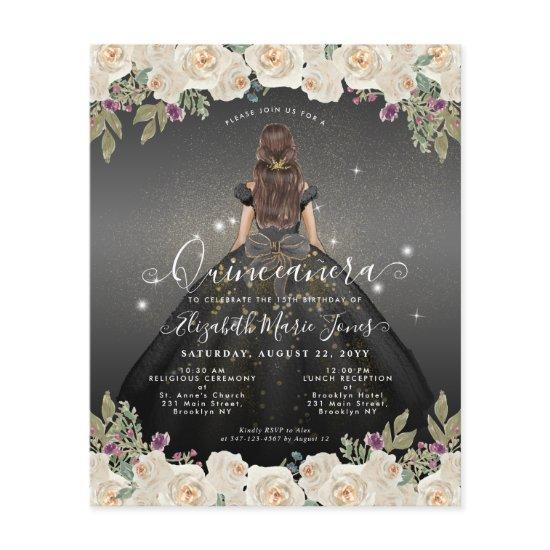 Budget Floral Black Gray Gold Princess Quinceanera