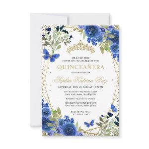 Budget Floral Blue Gold Tiara Quinceañera Invite