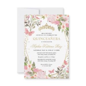 Budget Floral Blush Gold Tiara Quinceañera Invite