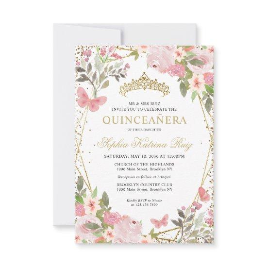 Budget Floral Blush Gold Tiara Quinceañera Invite