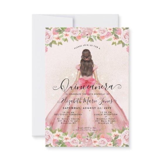 Budget Floral Blush Pink Gold Princess Quinceanera Note Card