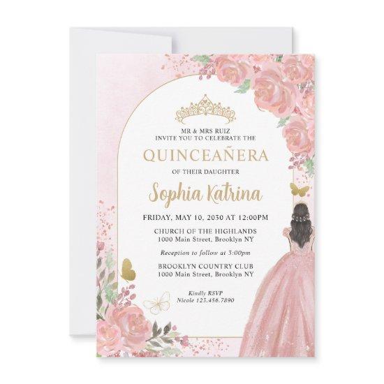 Budget Floral Blush Pink Gold Princess Quinceanera Note Card