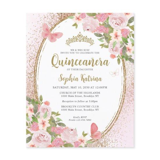 Budget Floral Blush Pink Gold Tiara Quinceañera Flyer
