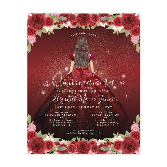 Budget Floral Burgundy Gold Princess Quinceanera