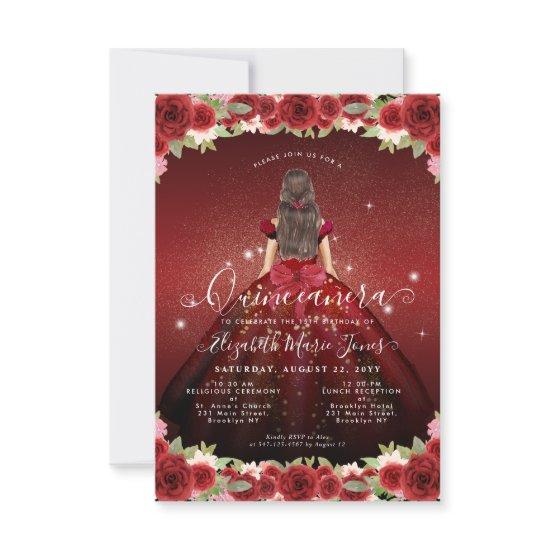 Budget Floral Burgundy Gold Princess Quinceanera Note Card