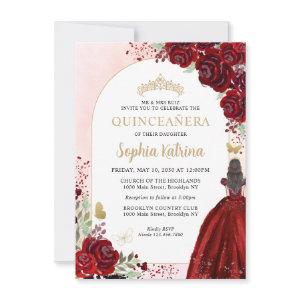 Budget Floral Burgundy Gold Princess Quinceanera Note Card
