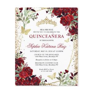 Budget Floral Burgundy Gold Quinceañera Invite