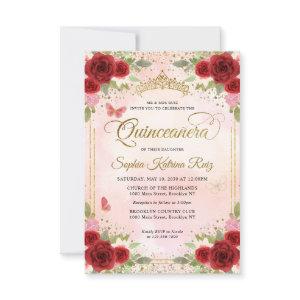 Budget Floral Burgundy Pink Gold Crown Quinceañera Note Card