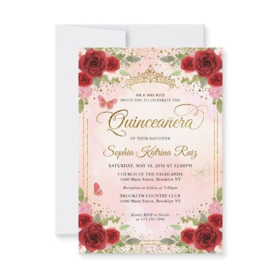 Budget Floral Burgundy Pink Gold Crown Quinceañera Note Card