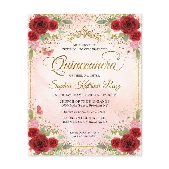 Budget Floral Burgundy Pink Gold Tiara Quinceañera