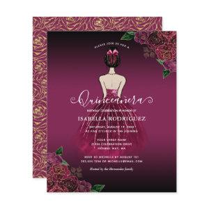 Budget Floral Burgundy Princess Gold Quinceañera
