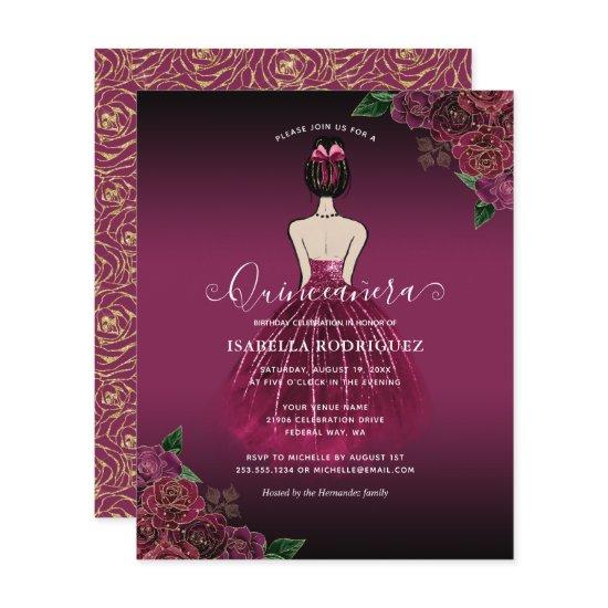 Budget Floral Burgundy Princess Gold Quinceañera