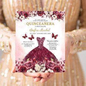 Budget Floral Burgundy Princess Quinceanera