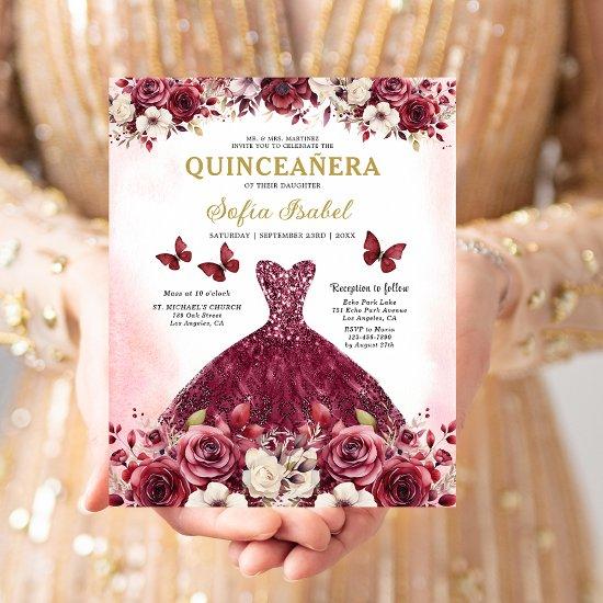 Budget Floral Burgundy Princess Quinceanera Flyer